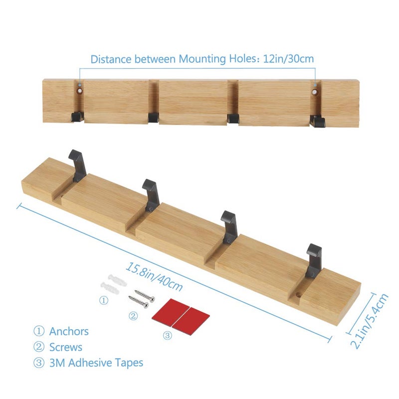 JSVER Wooden Coat Hooks Coat Rack Wall Mounted, Modern Coat Rack, Space-Saving Coat Hook with 4 Standard Retractable Hooks Hat Coat Hook for Entryway, Hallway, Bathroom, Living Room, Bedroom - Image 4